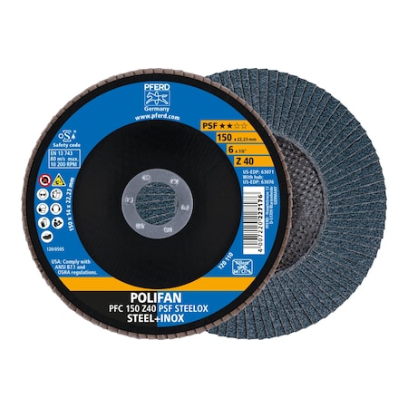 Pferd 6" x 7/8" A.H. POLIFAN Flap Disc - Z PSF STEELOX, Zirconia, 40 Grit, Conical 63071